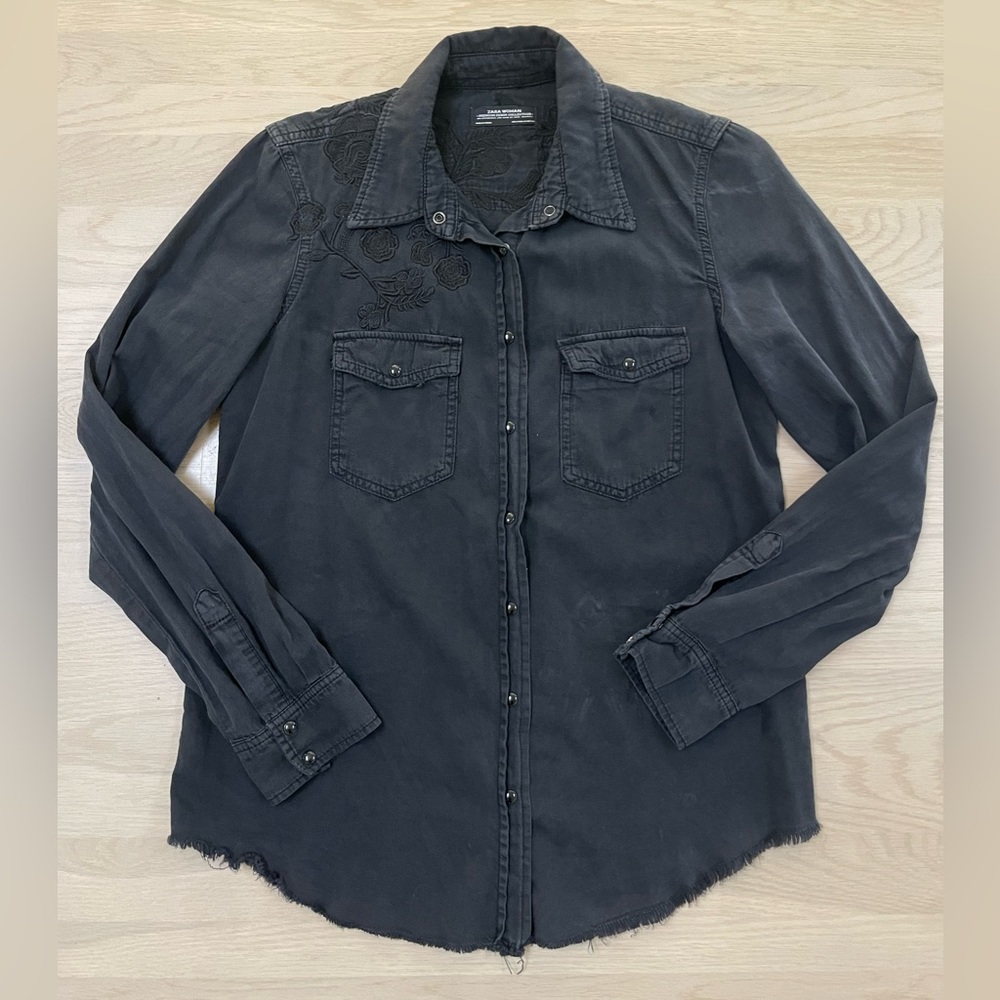Zara TRF light cotton denim button up with floral detail